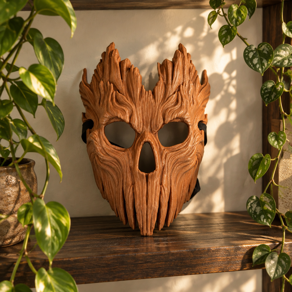 Skullbark Mask on oak shelf with plants
