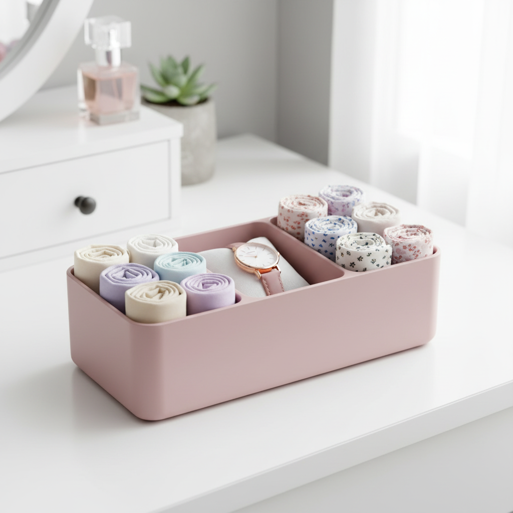 Dusty pink belt organizer on dressing table with rolled scarves and watch