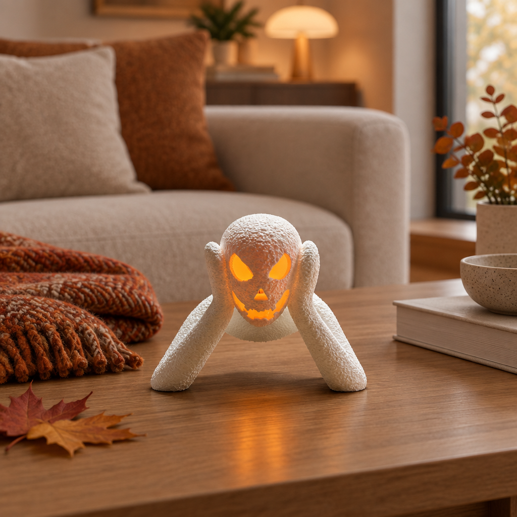 Small white textured NOBODY LANTERN on a coffee table in a modern living room