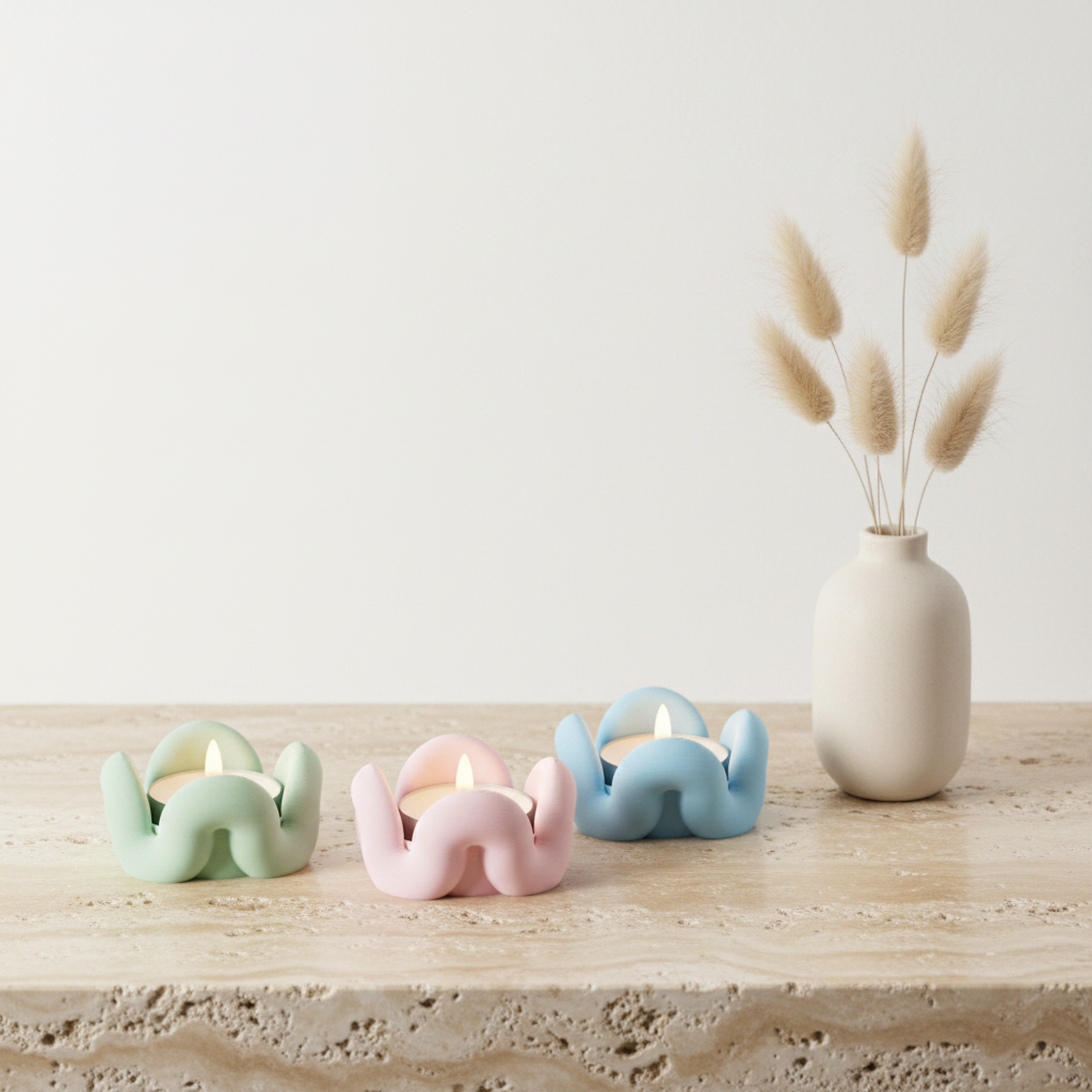 Three Wibble tealight holders on travertine with pampas grass