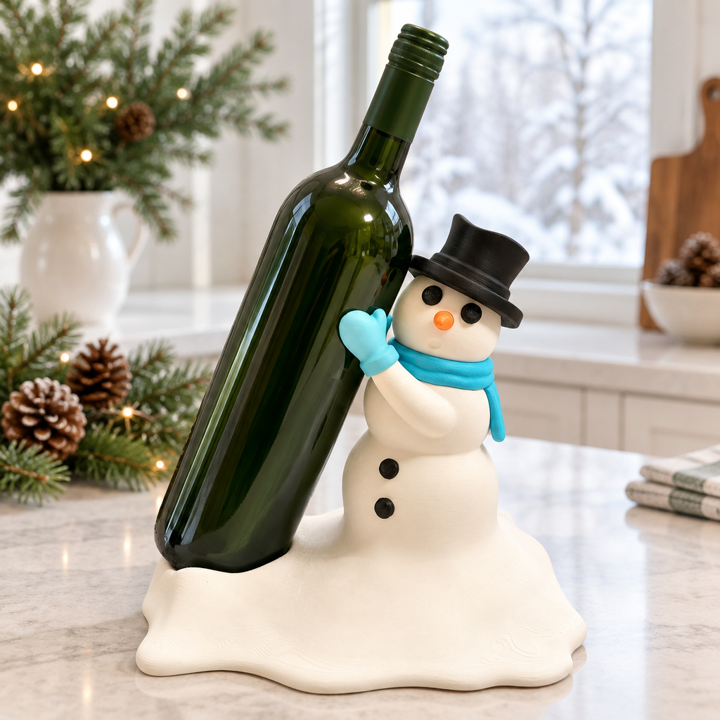 Snowman bottle holder with an unbranded bottle displayed on a bright kitchen island