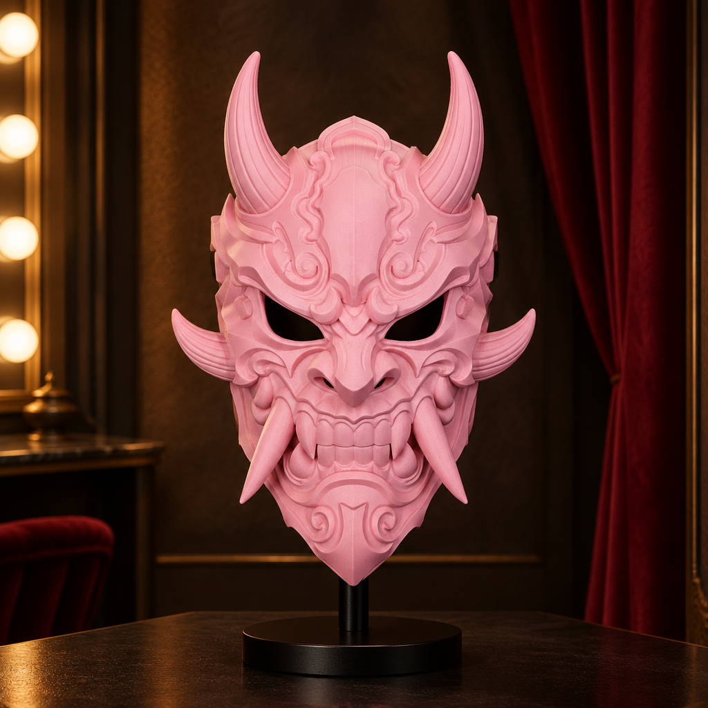 Uniform pink Oni Demon Mask displayed on a black stand in a softly lit theatrical alcove.