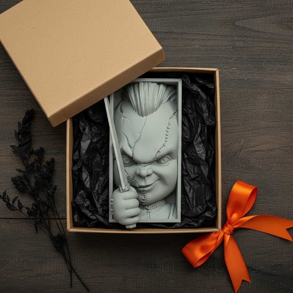 Chucky book nook relief sculpture grey framed box kraft paper gift box black tissue paper dried black flowers orange ribbon bow dark wooden surface Halloween horror gift giving overhead square editorial