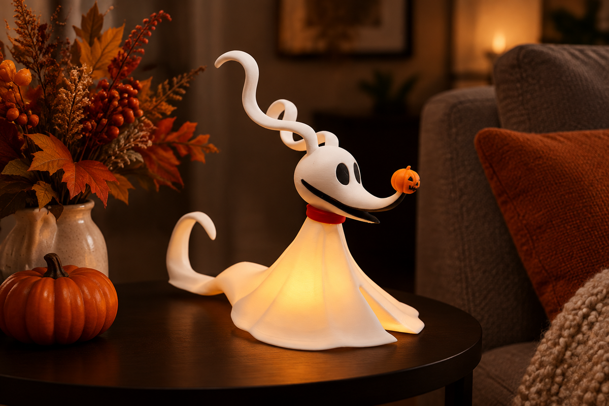 White ghost dog tealight holder glowing on a modern living-room side table with fall décor