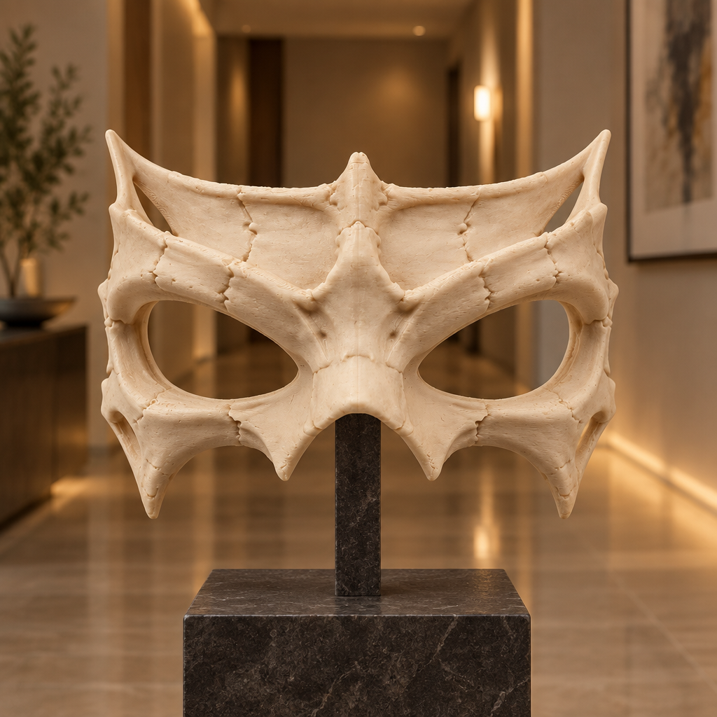 Beige Bone Wraith skeletal eye mask displayed on a dark stone stand in a modern hallway.