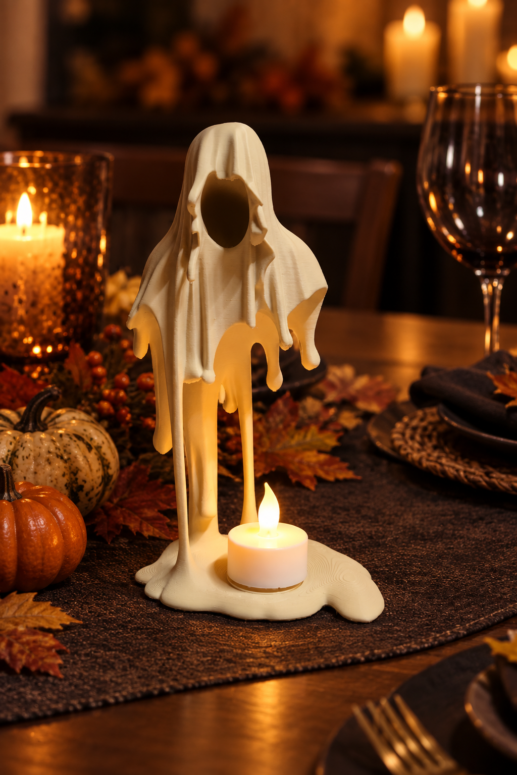Hooded ivory Grim Reaper tealight holder on a Halloween dining table with warm LED light