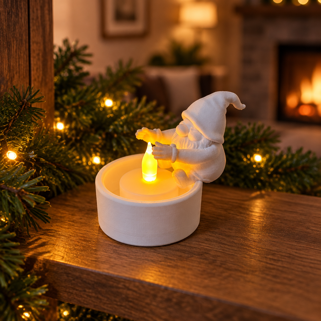 Santa gnome tealight holder with flameless LED glow on a festive fireside shelf