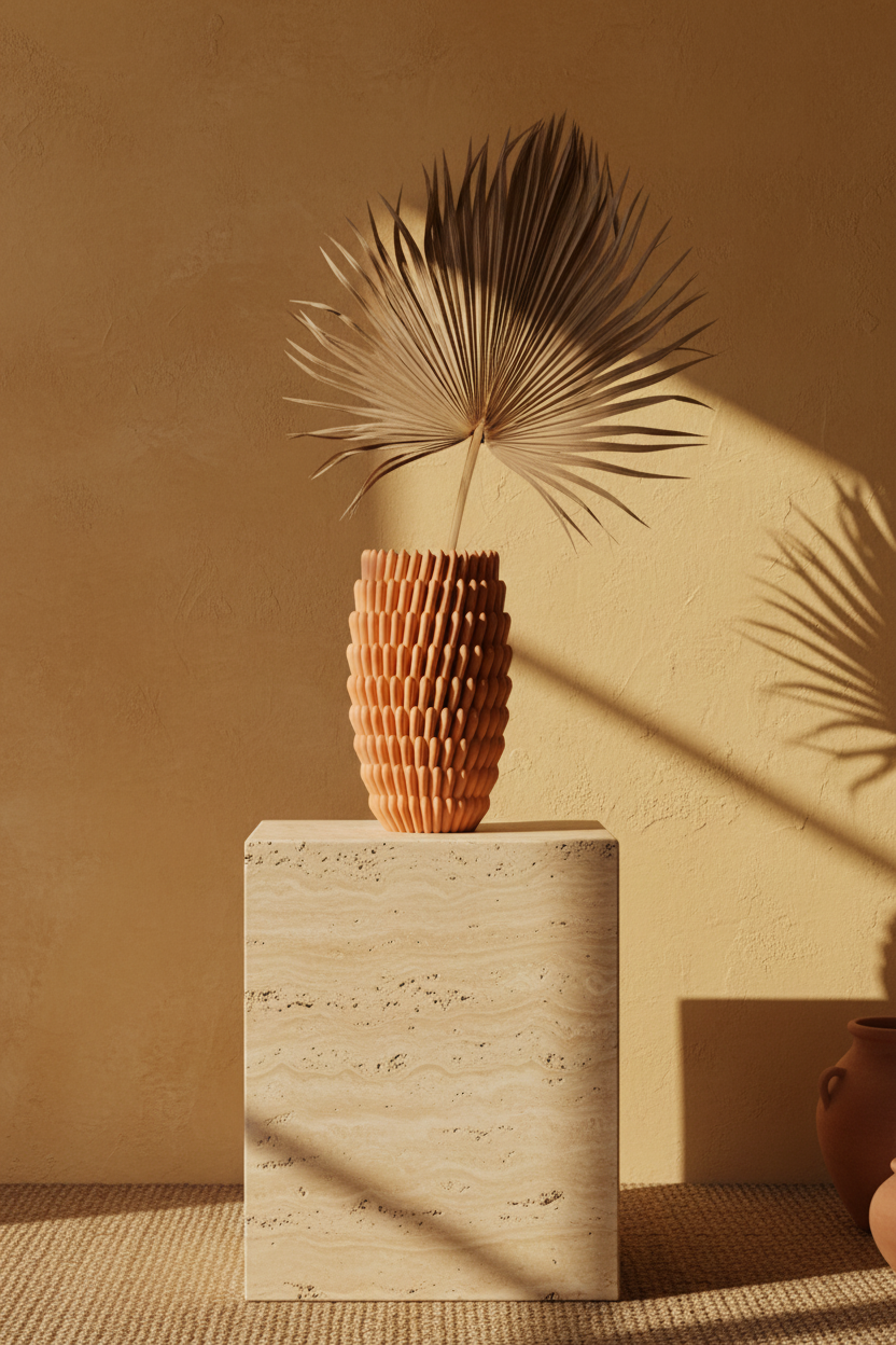 Terracotta sea anemone vase with palm leaf on travertine Moroccan boho - lifestyle