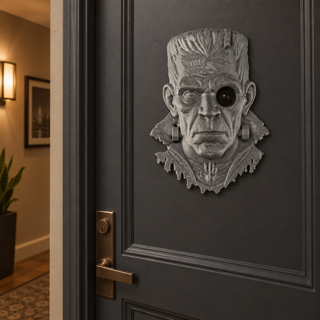 Frankenstein peephole decoration on charcoal door