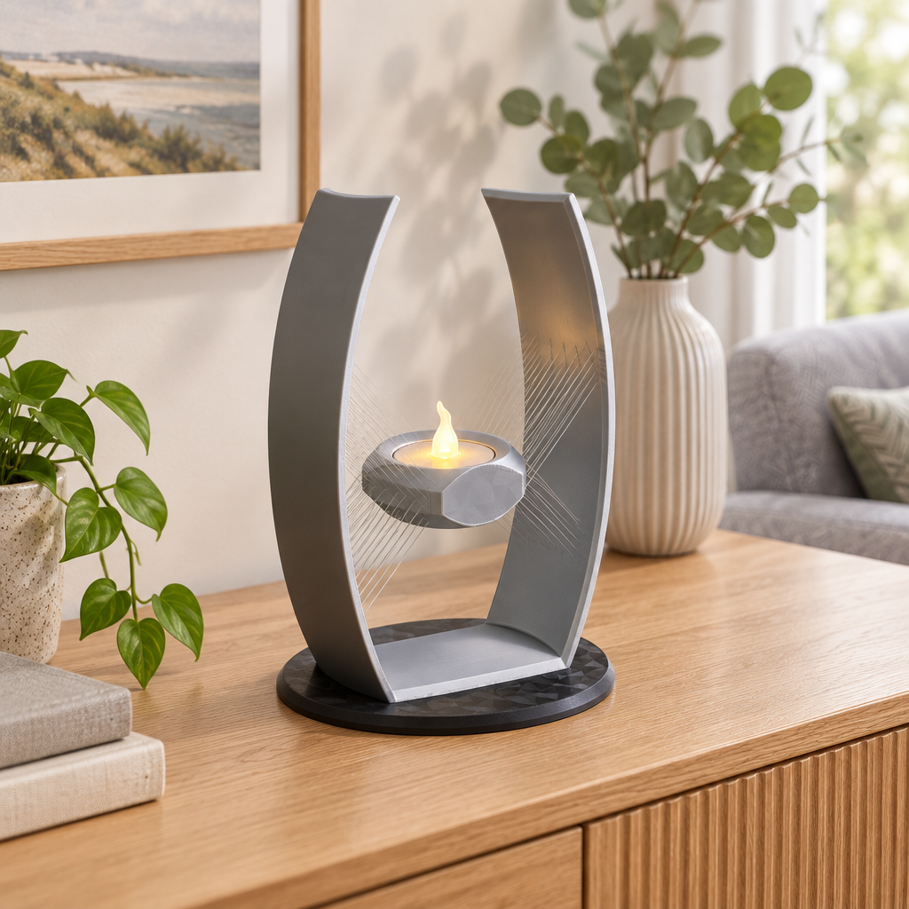 Suspended tealight holder displayed on a light oak sideboard