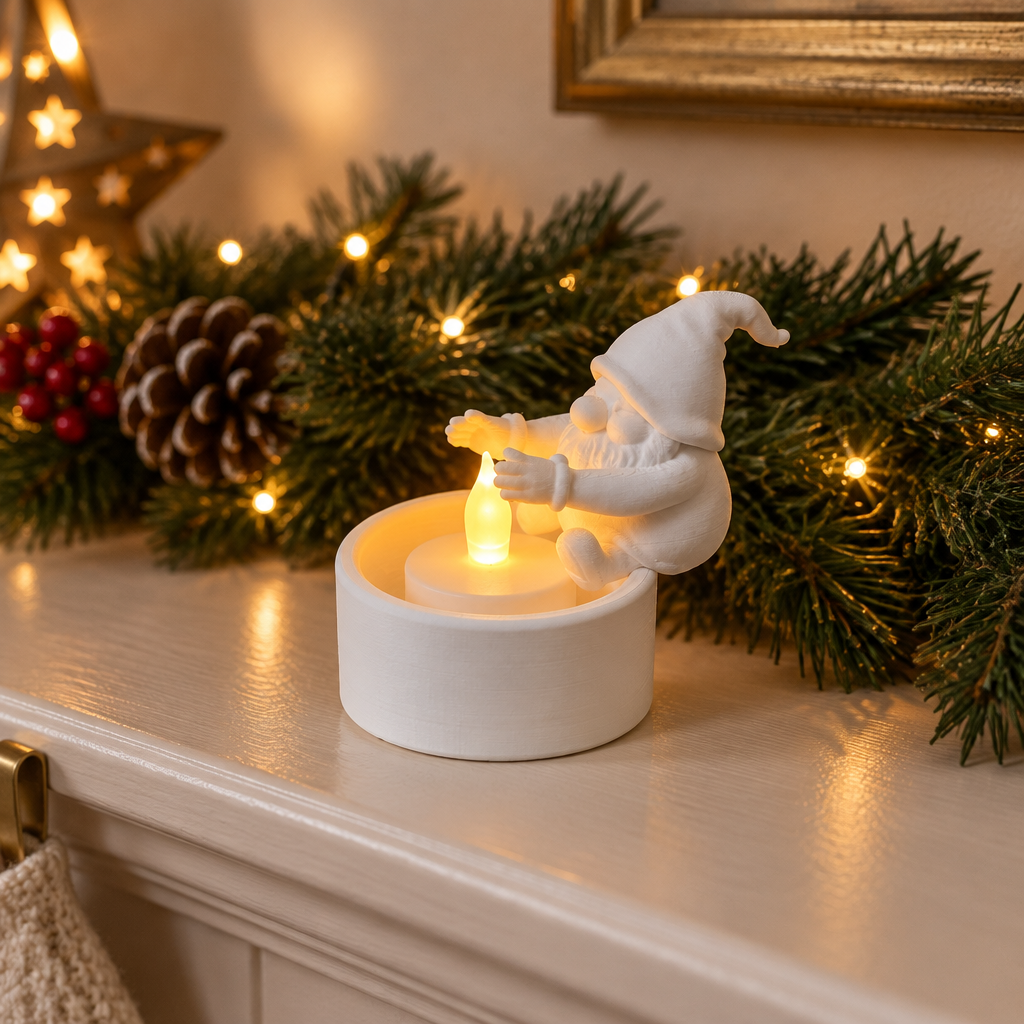 Santa gnome tealight cup holder displayed on a mantel with evergreen garland