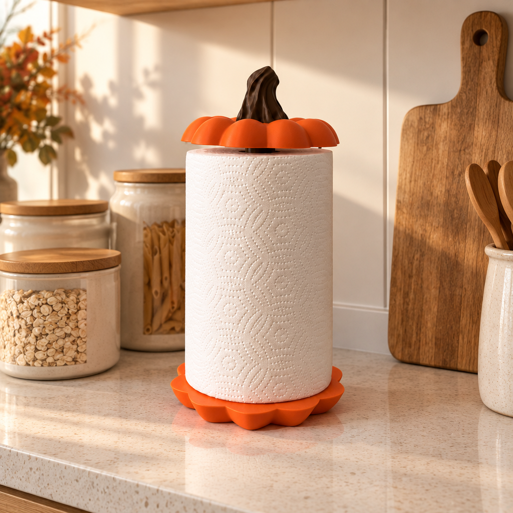 Pumpkin kitchen towel holder on a pantry counter with storage jars
