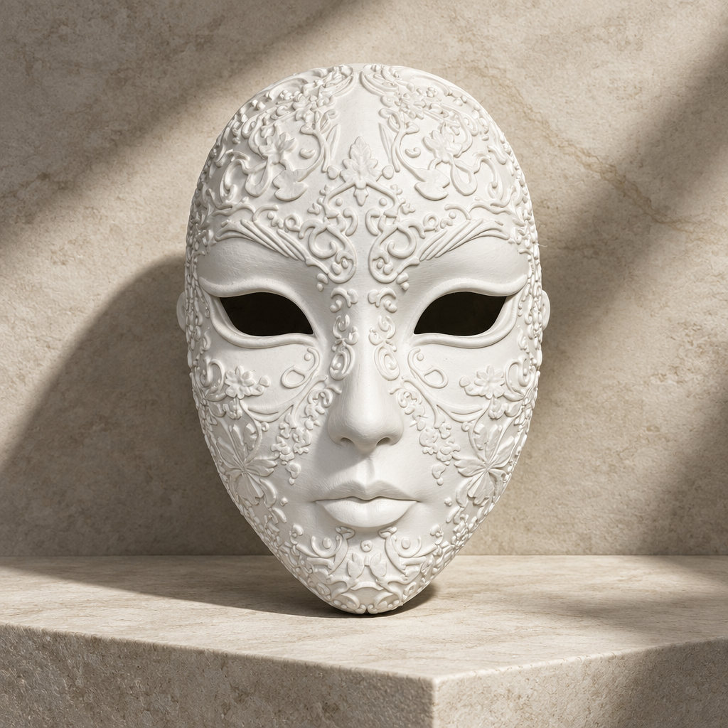 Ornate white mask displayed on pale stone with dramatic soft shadows