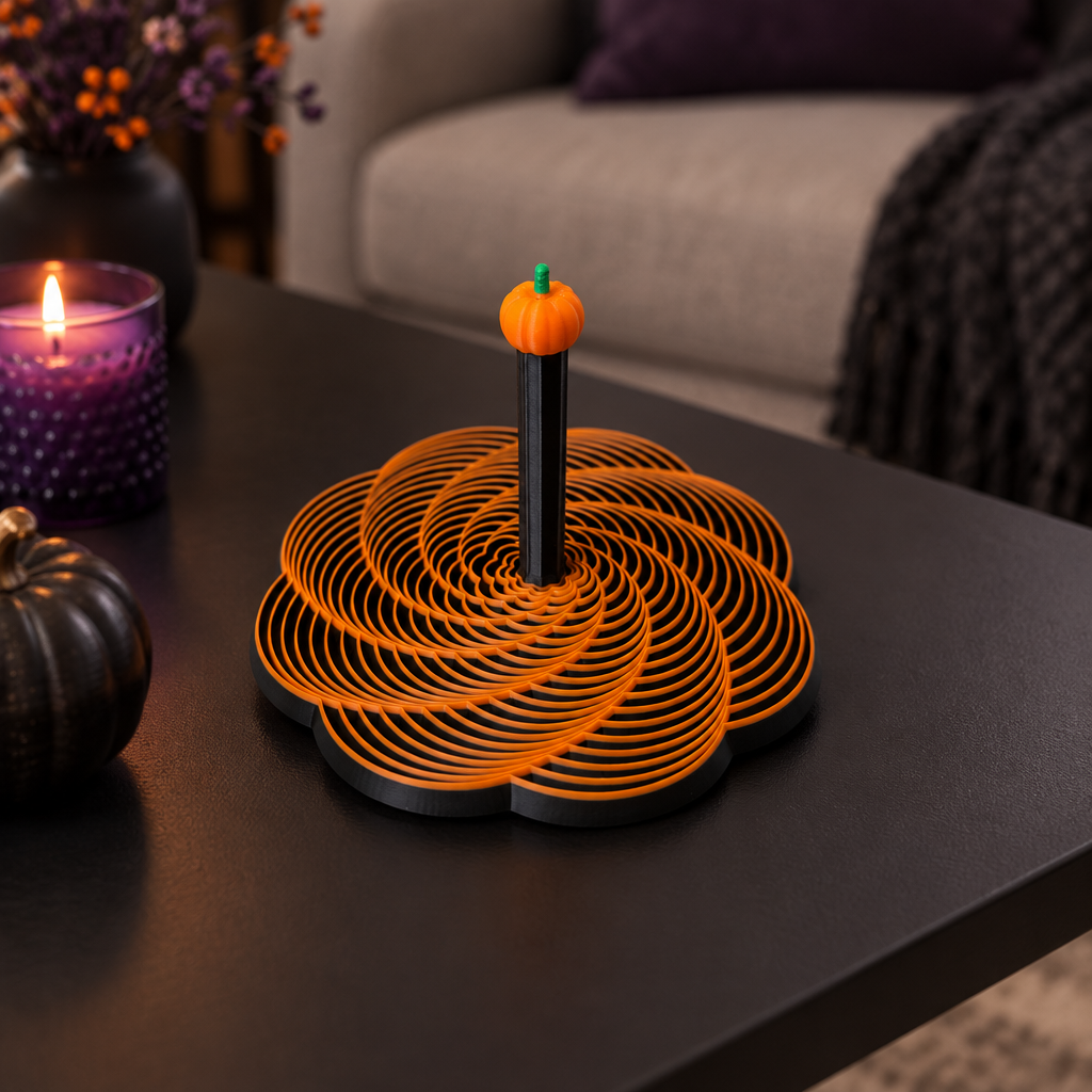 Pumpkin spiral fidget on a black coffee table with tasteful seasonal styling