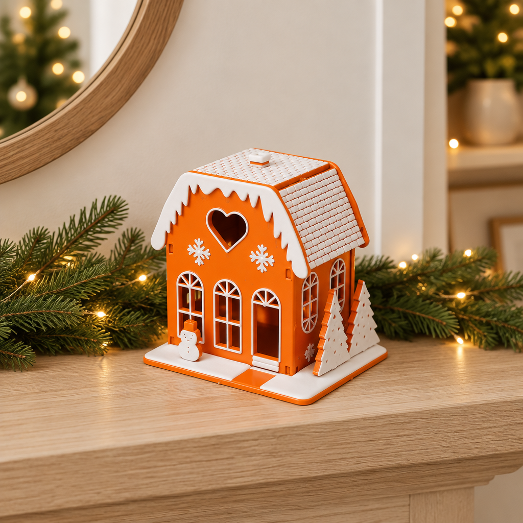 Orange miniature Christmas house displayed on a pale oak mantel