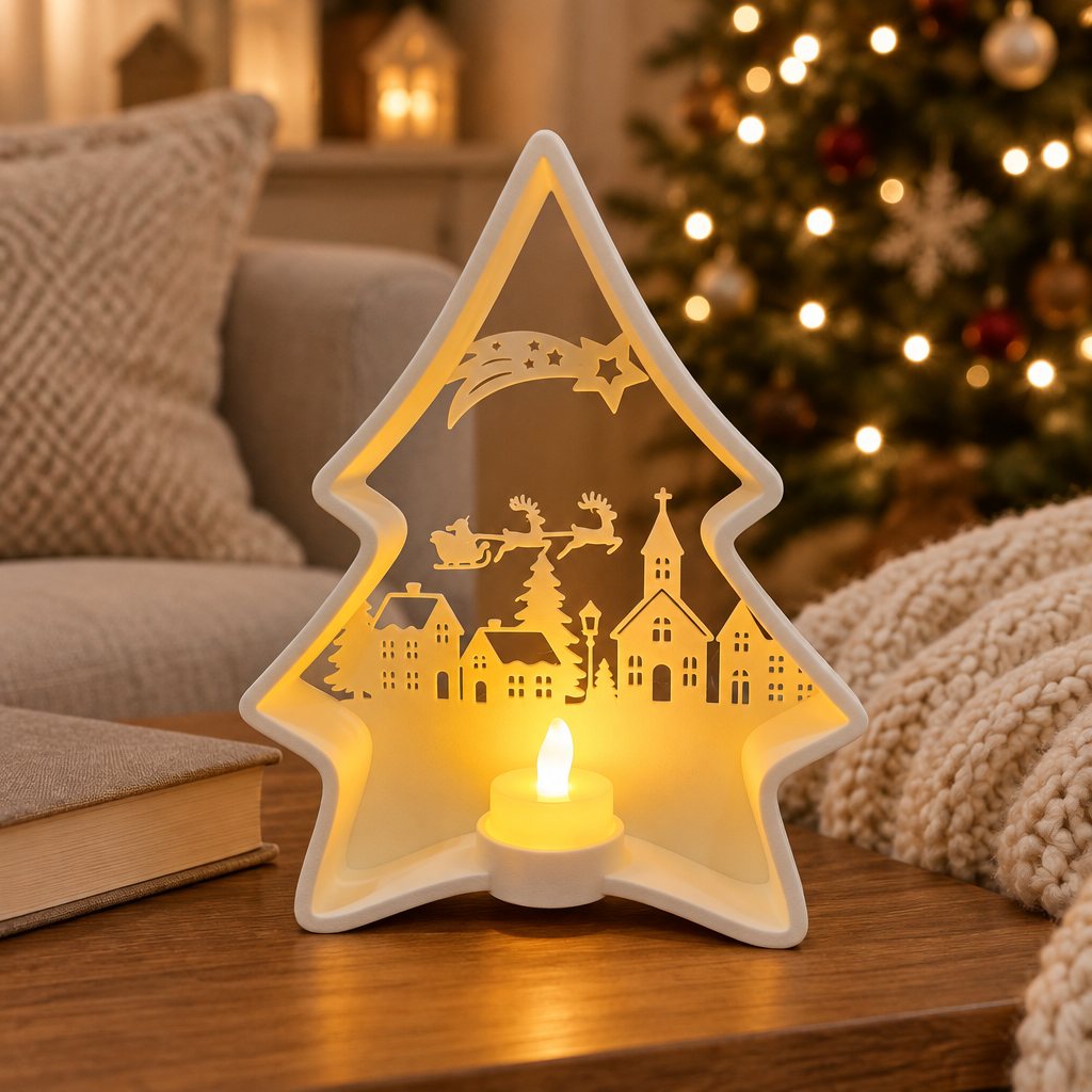 Tree-shaped Christmas scene tealight holder glowing on a cosy coffee table