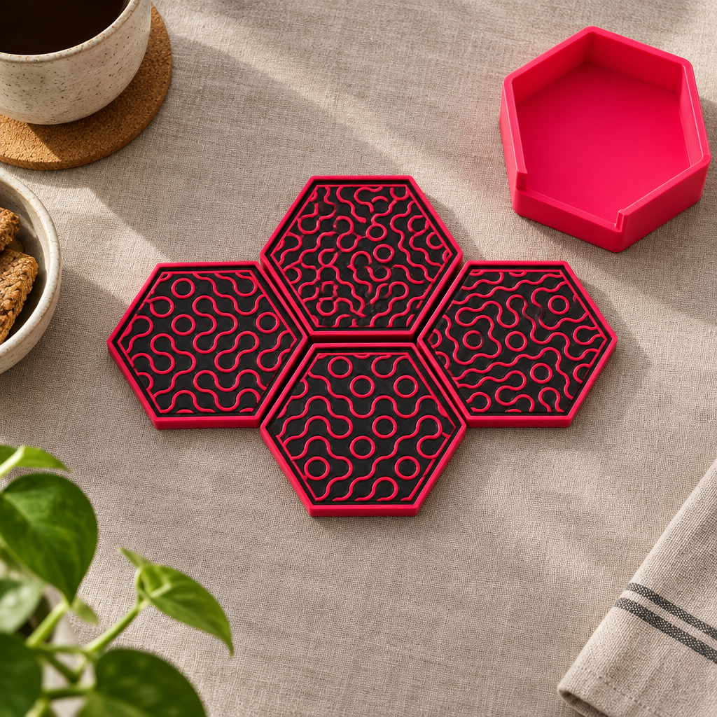 Four Truchet coasters in honeycomb arrangement