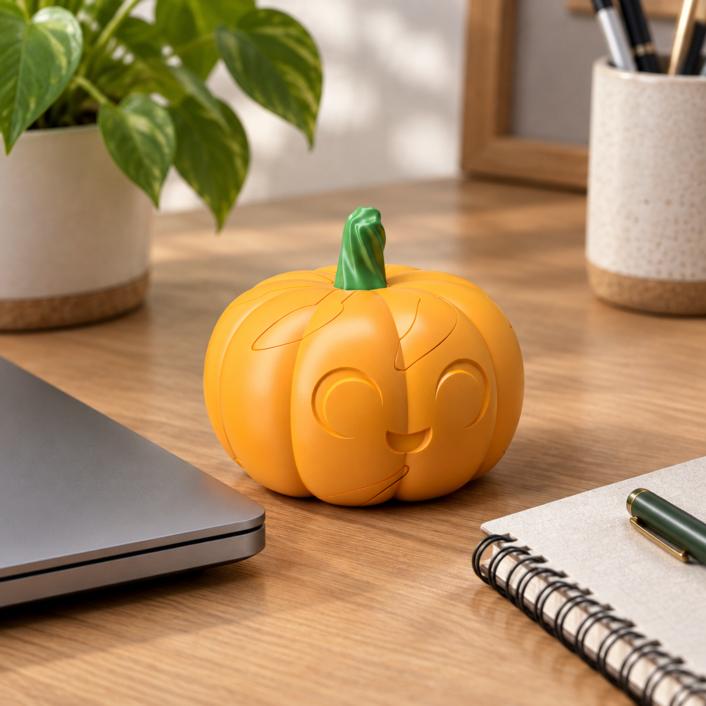 Orange pumpkin fidget puzzle beside a laptop and notebook