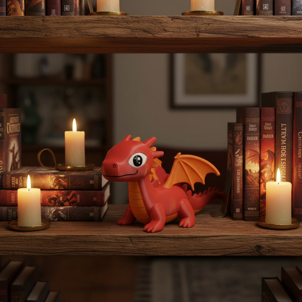 Little Charmkeeper Dragon Figurine - red colourway on rustic bookshelf with fantasy books