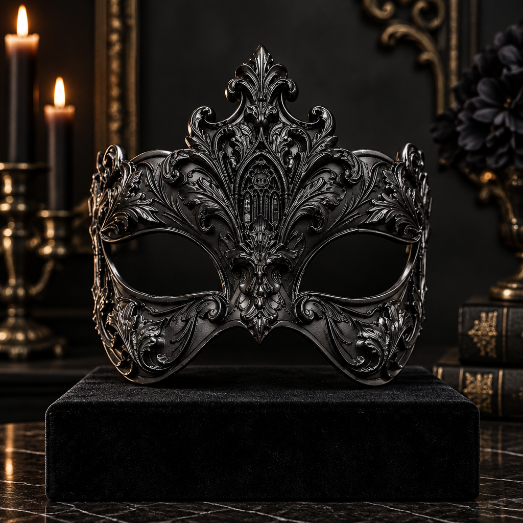 Black Baroque masquerade mask on a velvet plinth, no strap included