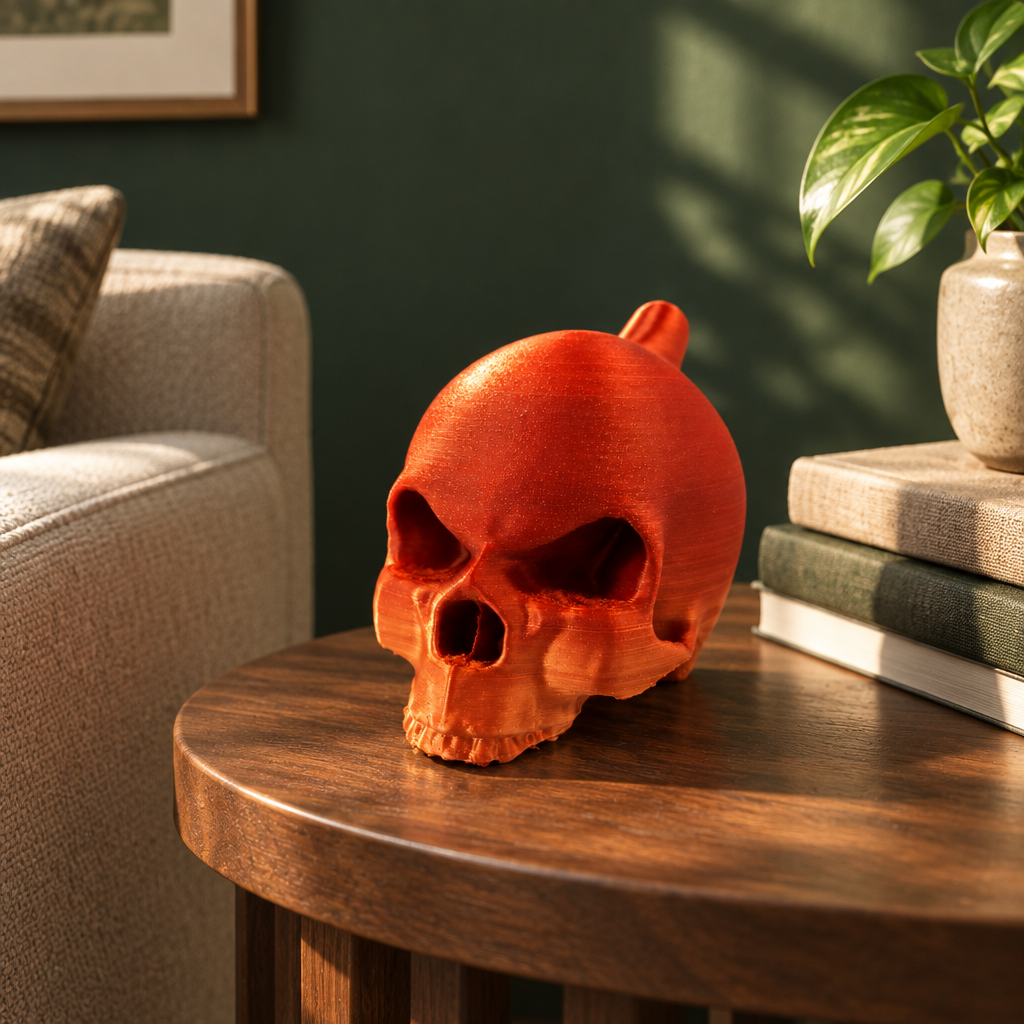 The orange skull ornament on a living-room side table against a deep green wall.