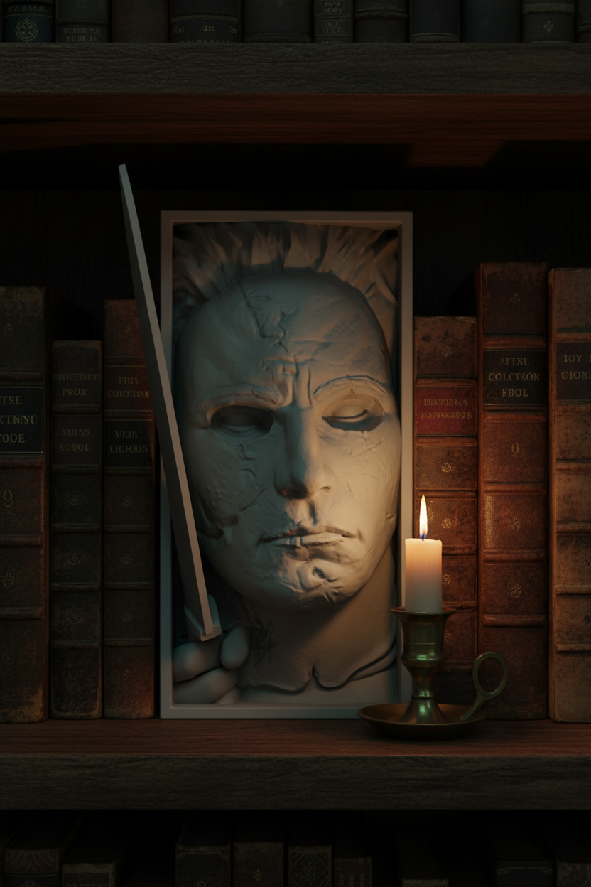 Jason Voorhees book nook relief sculpture grey framed box dark wooden bookshelf vintage leather hardcover books atmospheric moody Halloween horror library candlelight portrait