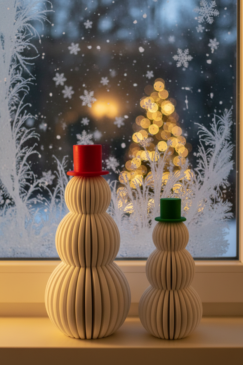 Snowmen with red and green hats on windowsill with snow outside