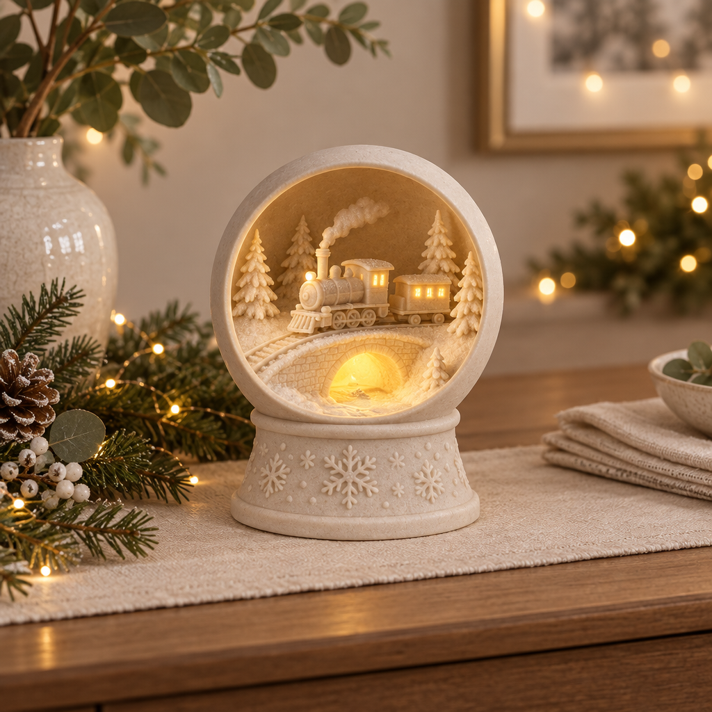 Snow globe tealight holder styled on a dining-room sideboard with electric lights