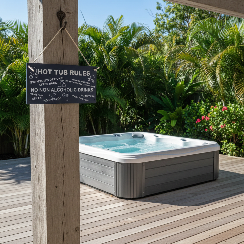 Hot Tub Rules Sign hanging beside a sunny outdoor hot tub