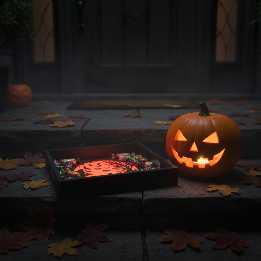 Black Halloween candy tray beside carved jack-o-lantern on stone front doorstep Halloween lifestyle