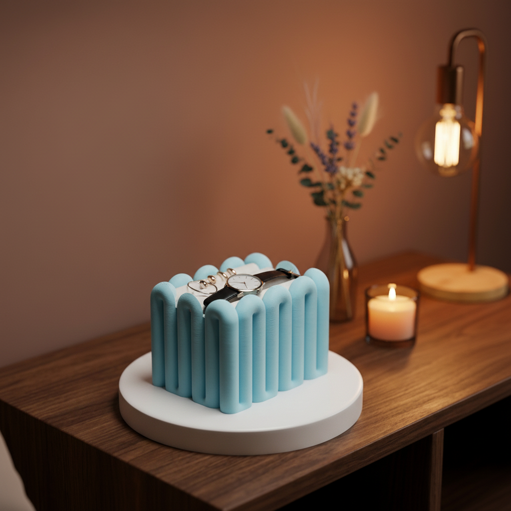 Blue wibble storage box on oak bedside table with jewellery candle and dried flowers bedroom lifestyle