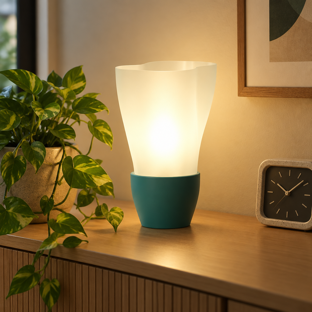 Flowing E14 Lamp on a console table with a pothos plant and a small clock