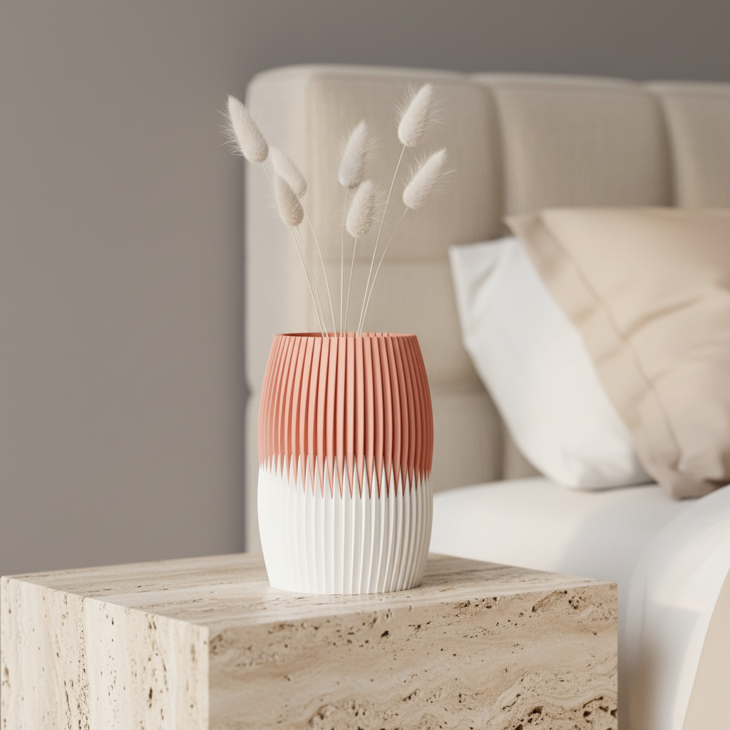 Blush-top interlocking fluted vase with a white bottom on a bedside table