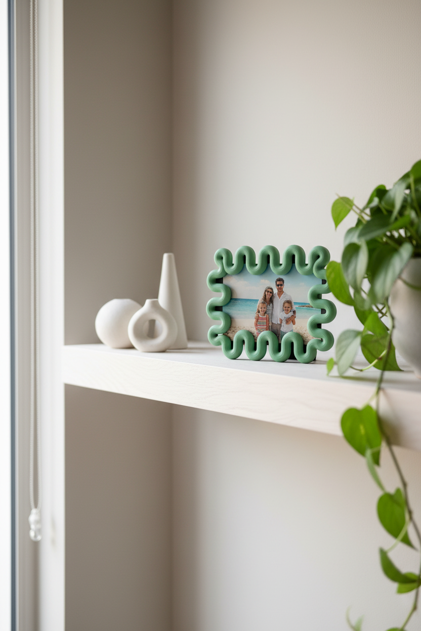 Sage green wibble frame on Scandinavian oak shelf - lifestyle