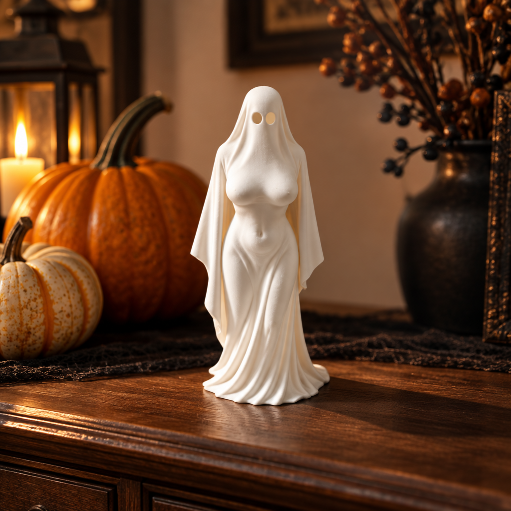 Ghost Lady figurine on a Halloween sideboard