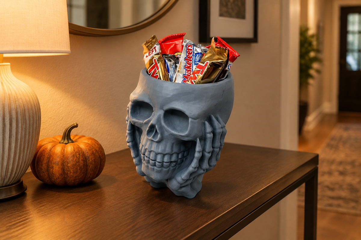 Grey skull sweet bowl held by sculpted hands and filled with wrapped sweets on a hallway console