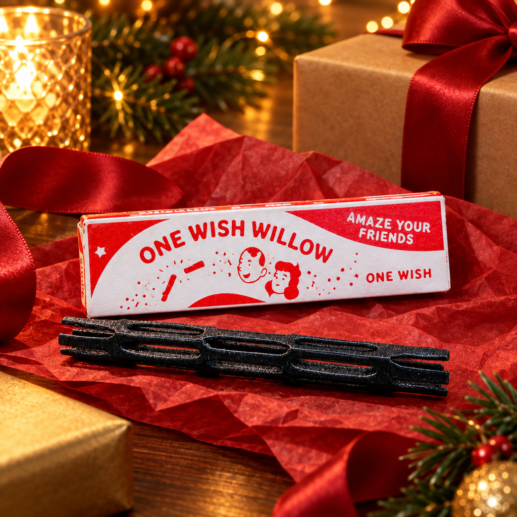 One Wish Willow black stick and presentation box arranged on a gift-giving table