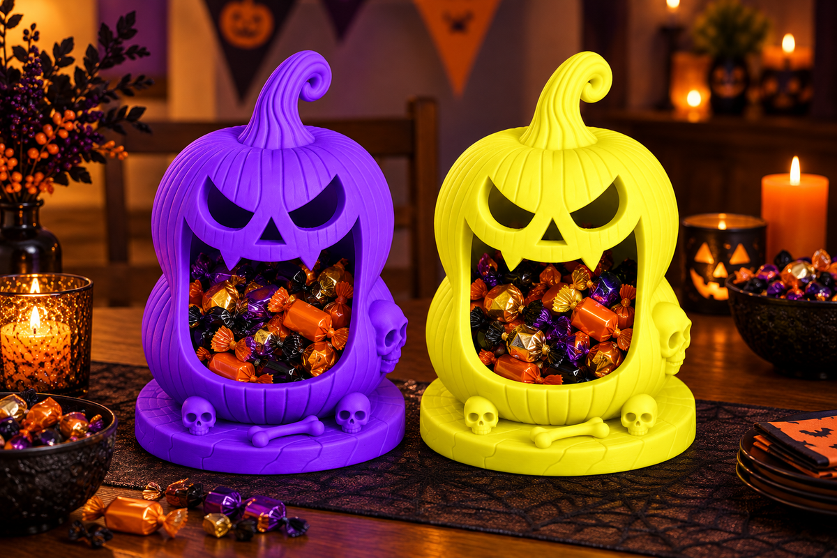 Neon Purple and Neon Yellow jack-o’-lantern sweet holders on a Halloween party table