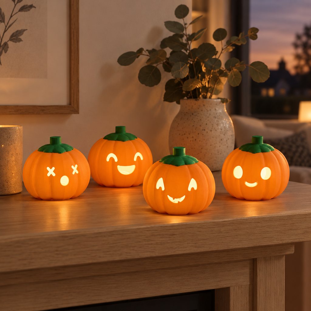 Four pumpkin lanterns on a mantel