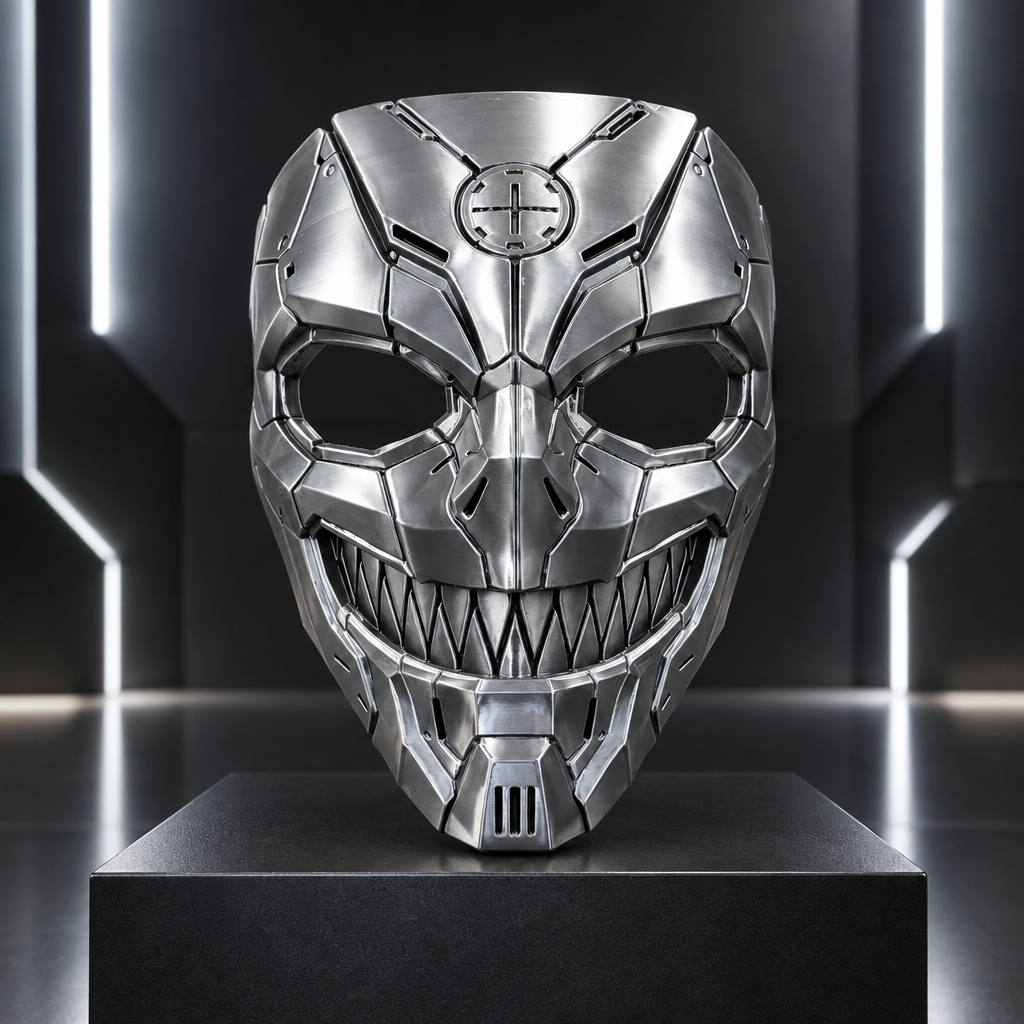 Tech Devil mechanical skull mask in polished gunmetal displayed in a futuristic studio, without a strap