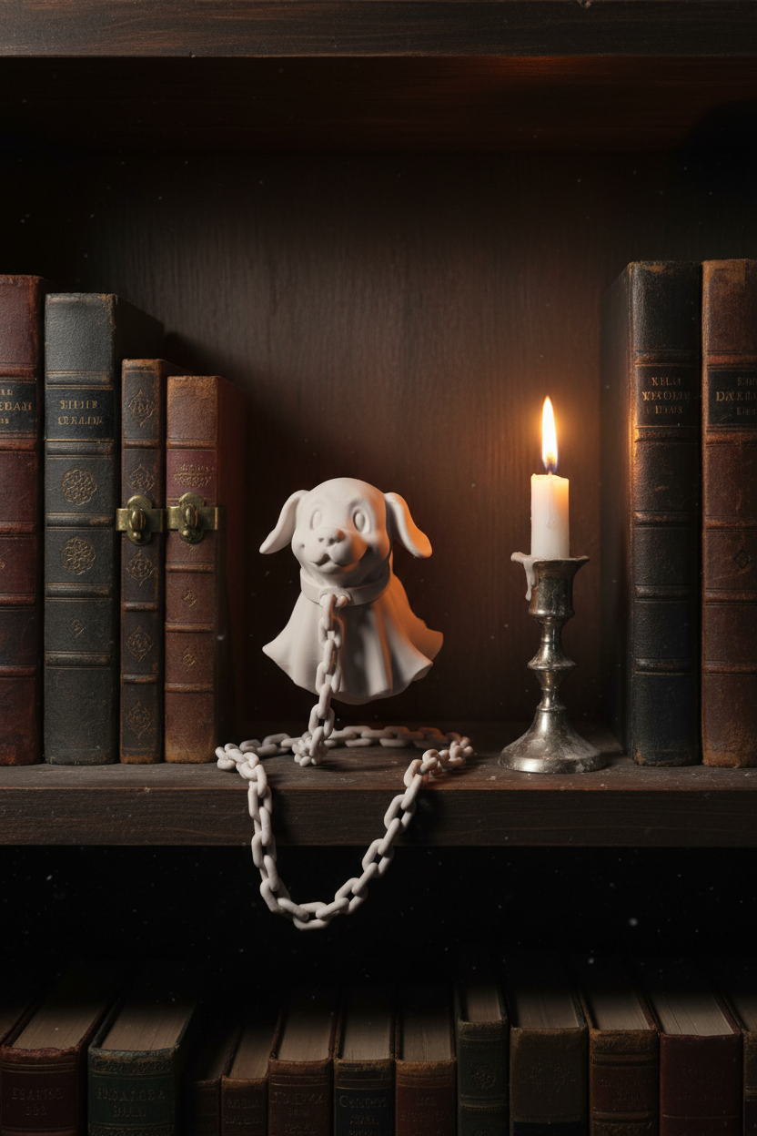 Ghost dog miniature figurine unpainted resin sad puppy face floppy ears gothic library shelf antique hardcover books single candle raking side light long shadows eerie Halloween portrait