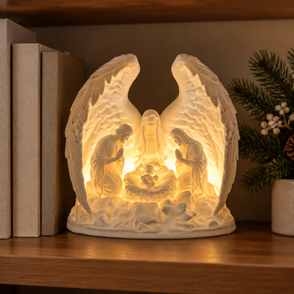 Angel-wing Nativity holder displayed on a bookshelf