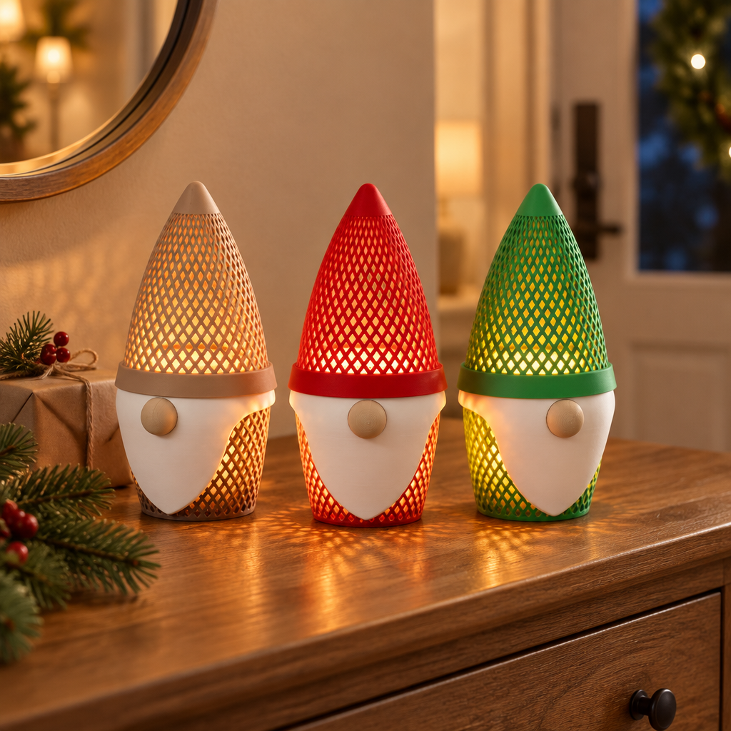 Three gonk tealight holders displayed on an entryway console with a small wrapped gift