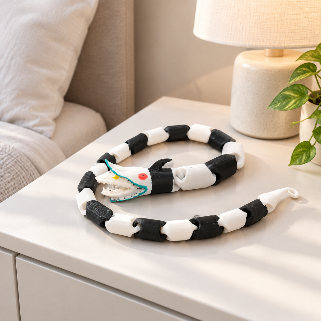 Black and white articulated snake fidget on a contemporary bedside table