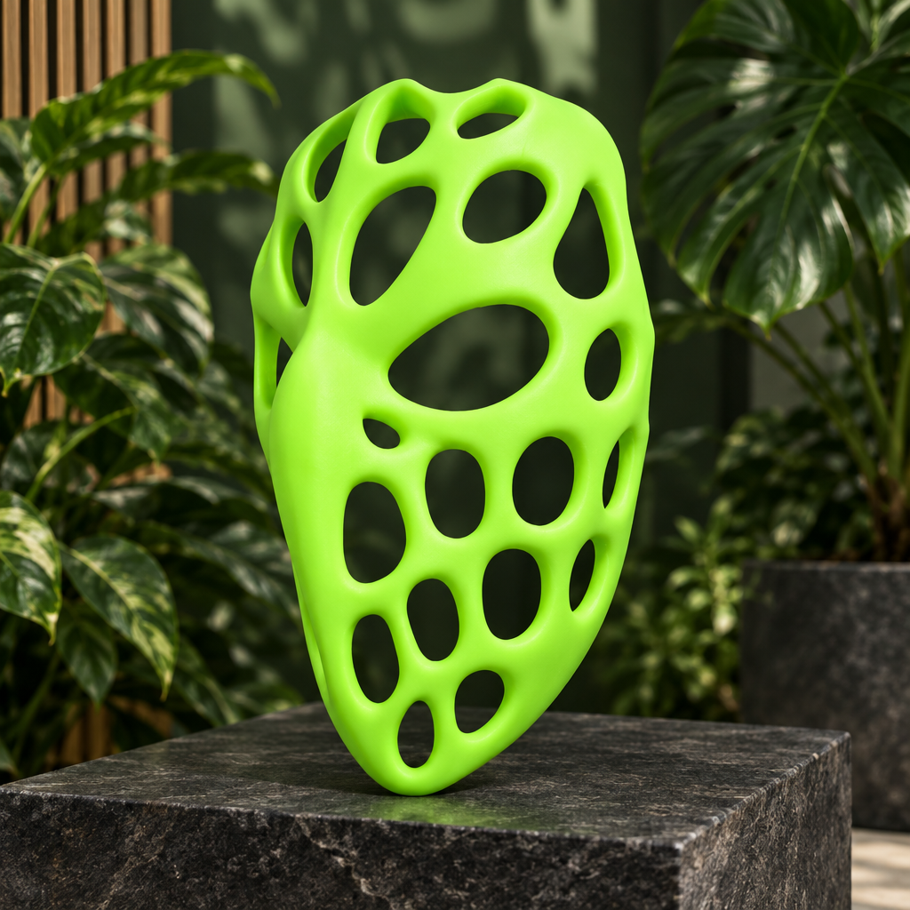 Neon green openwork Voronoi Mask on a dark display plinth, no strap included