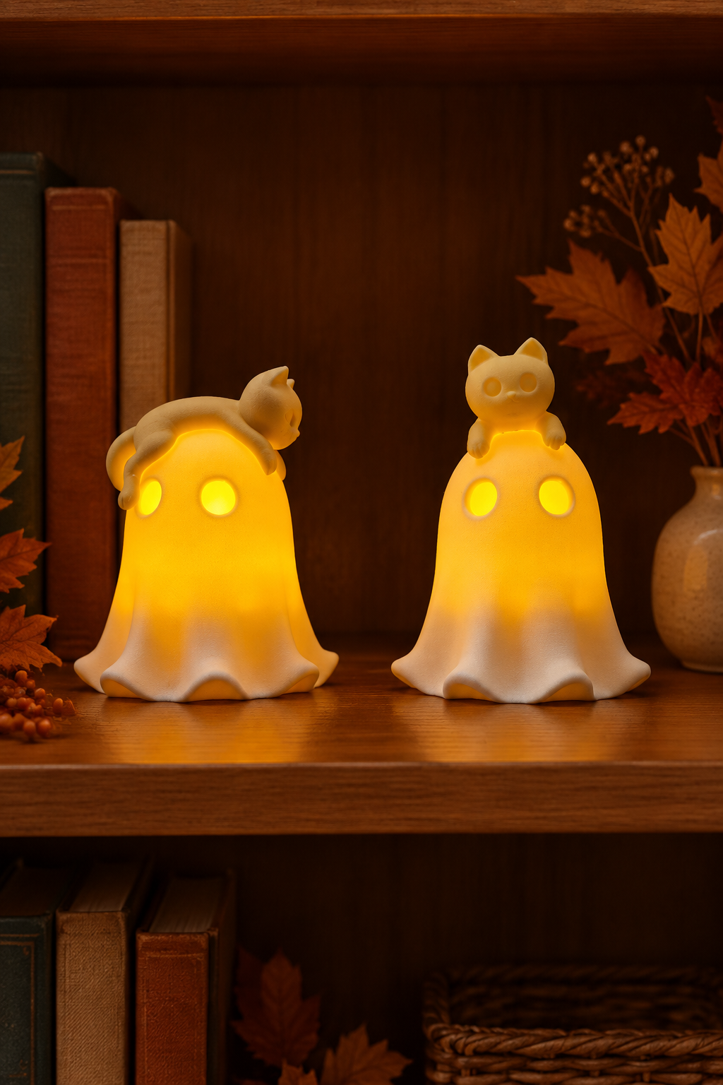 The two ghost and cat tealight holder designs glowing on a bookshelf with books and autumn foliage