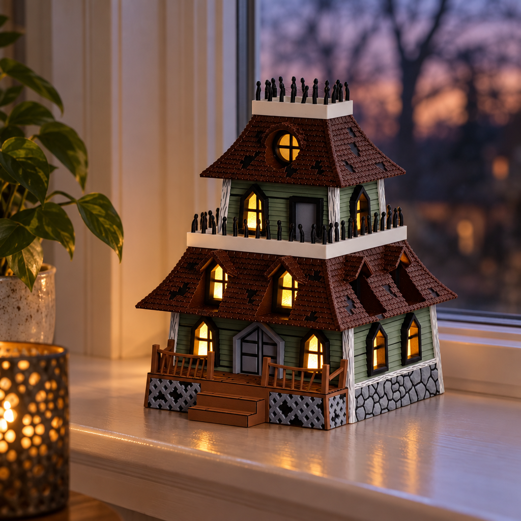 Haunted house on windowsill at twilight