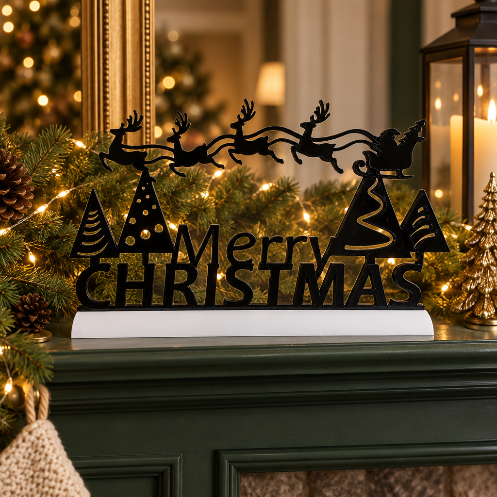 Black Merry Christmas sign with a white base on a festive living-room mantel