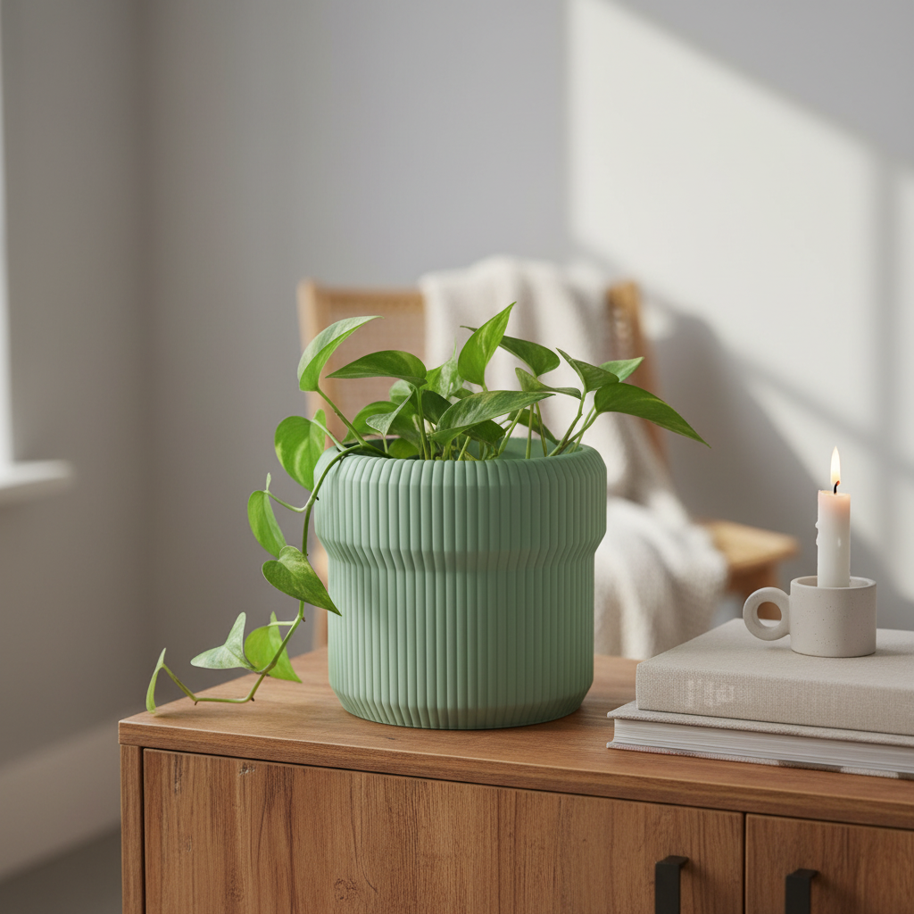 Sage green Venlo ribbed planter with trailing pothos on a wooden sideboard in a Scandinavian interior