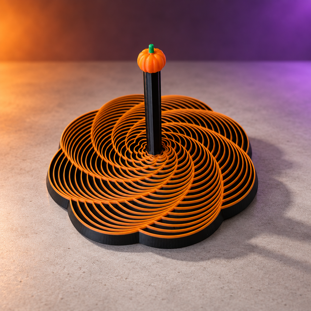 Black and orange pumpkin spiral fidget on pale concrete with dramatic shadows